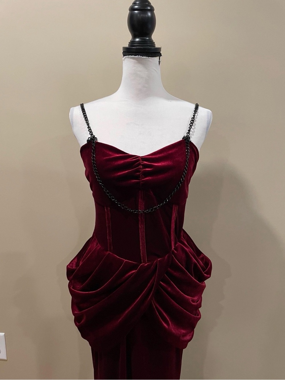 Burgundy Velvet Draped Dress with Black Chain Straps